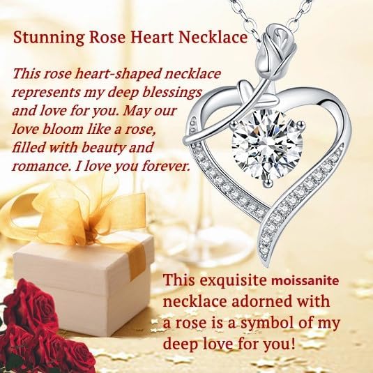 Moissanite Rose Heart Pendant Necklace for Women