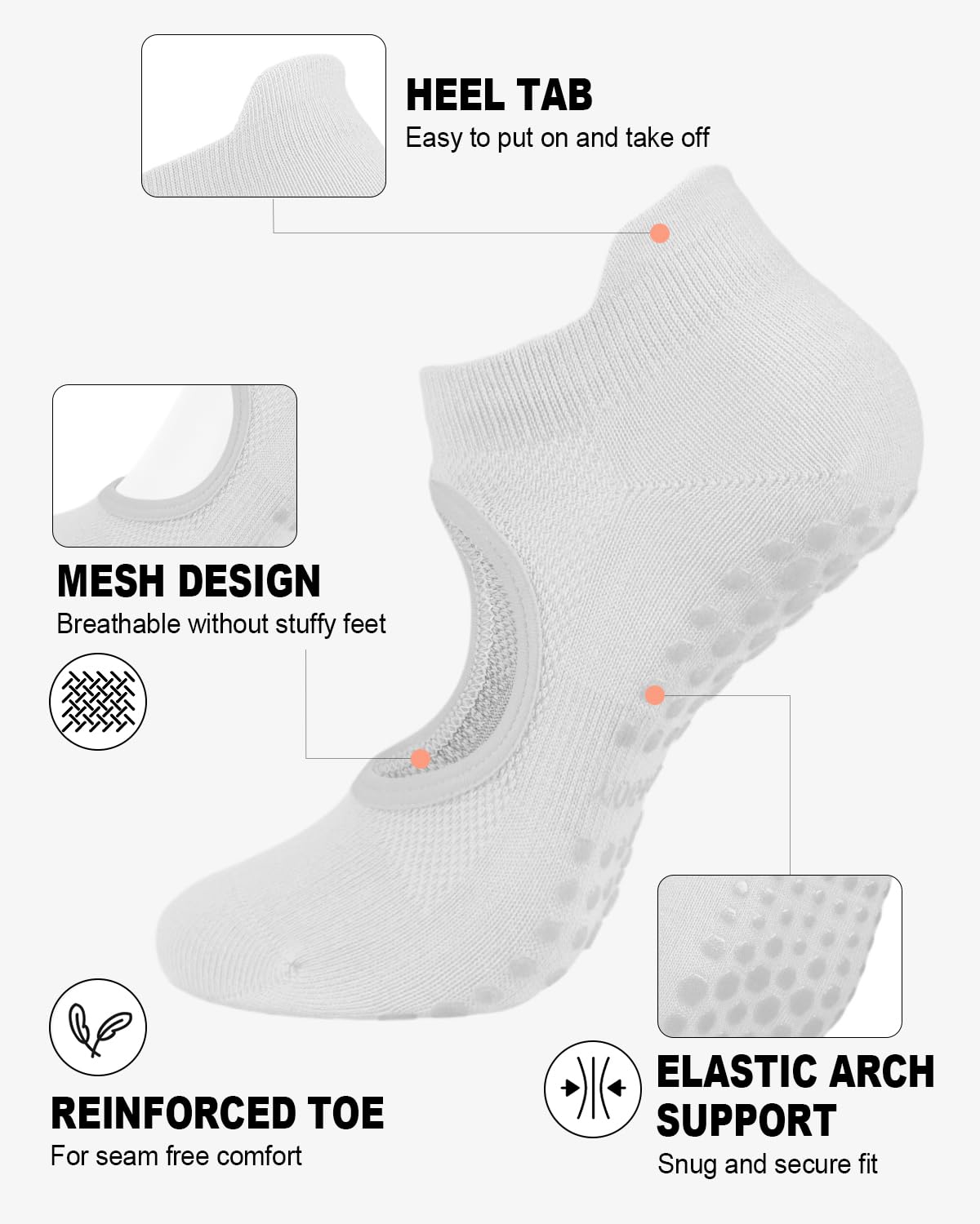 6 Pairs Women’s Non-Slip Pilates & Yoga Socks