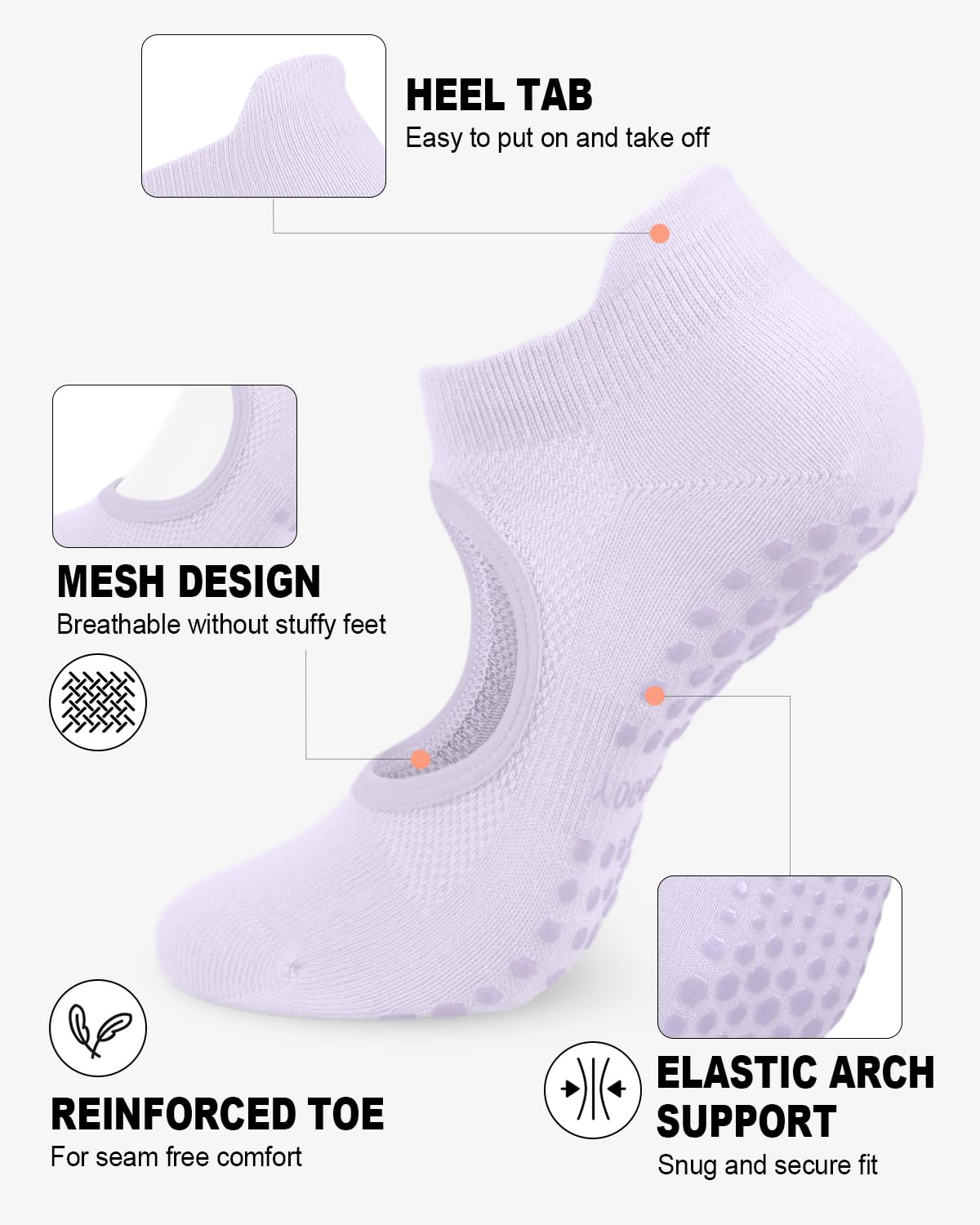 6 Pairs Women’s Non-Slip Pilates & Yoga Socks