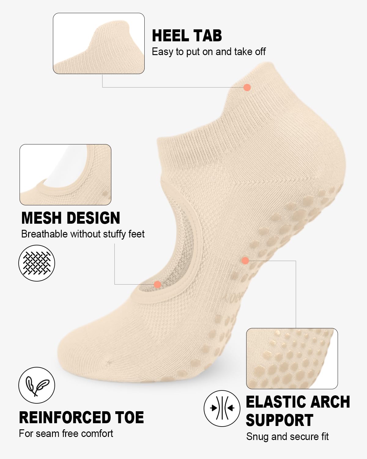 6 Pairs Women’s Non-Slip Pilates & Yoga Socks