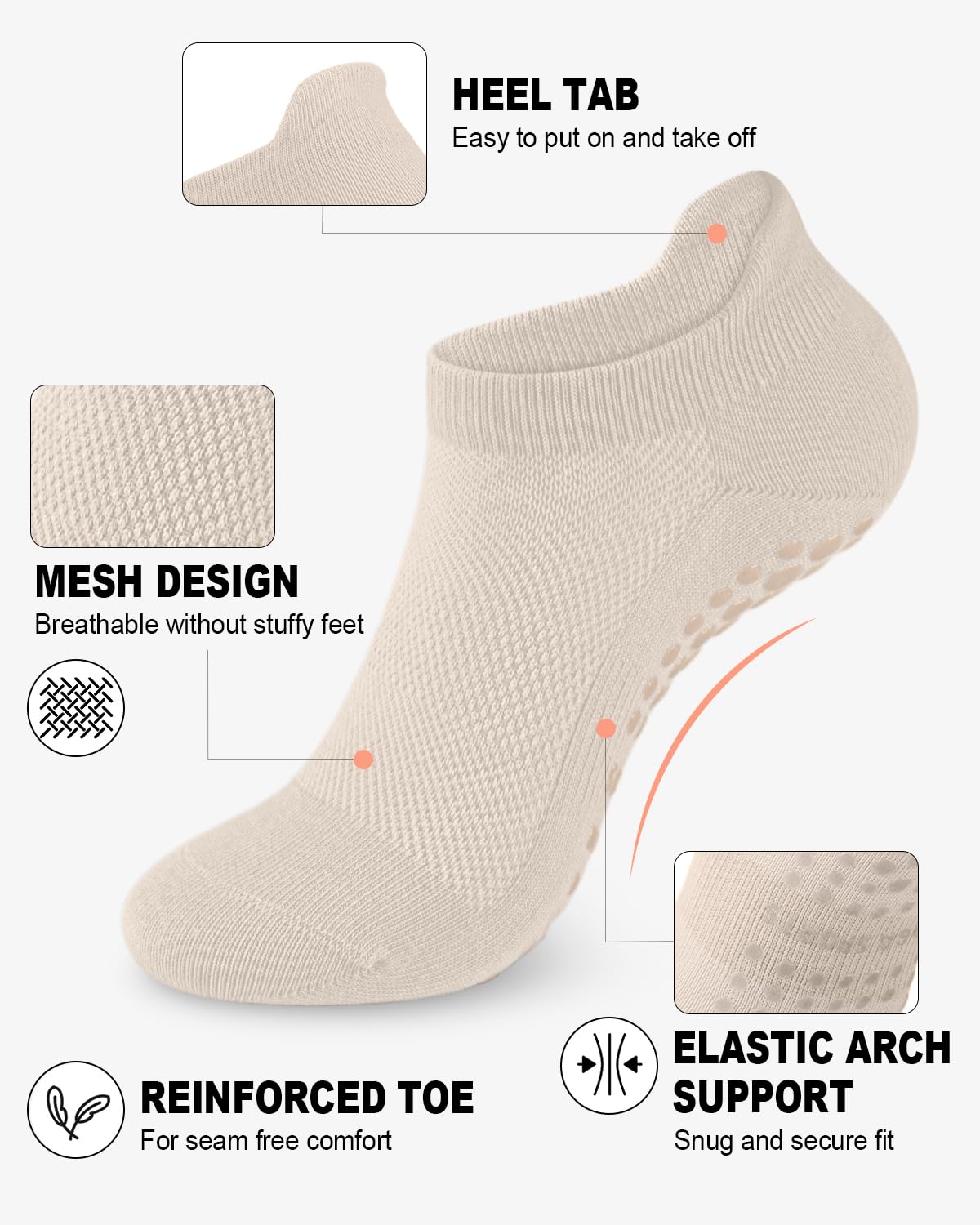 6 Pairs Women’s Non-Slip Pilates & Yoga Socks