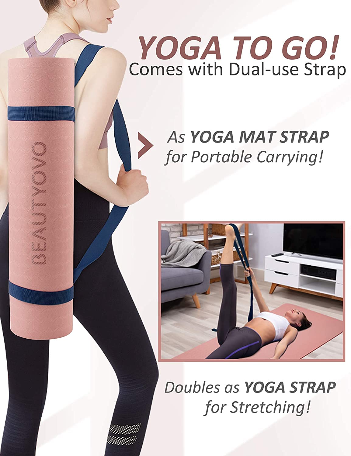 BEAUTYOVO 1/3" Thick Non-Slip Yoga Mat with Strap