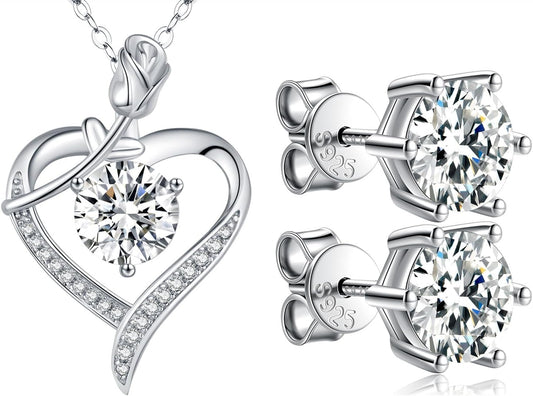 Diamond Rose Pendant & Moissanite Earrings Set
