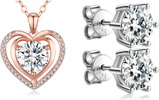 Rose Gold Heart Pendant & Moissanite Earrings Set