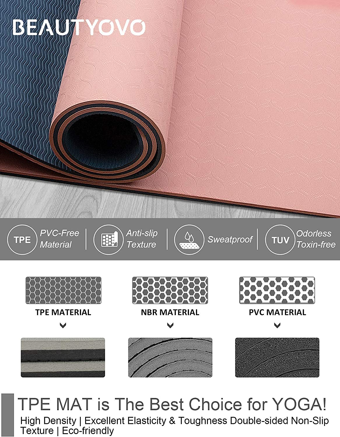 BEAUTYOVO 1/3" Thick Non-Slip Yoga Mat with Strap