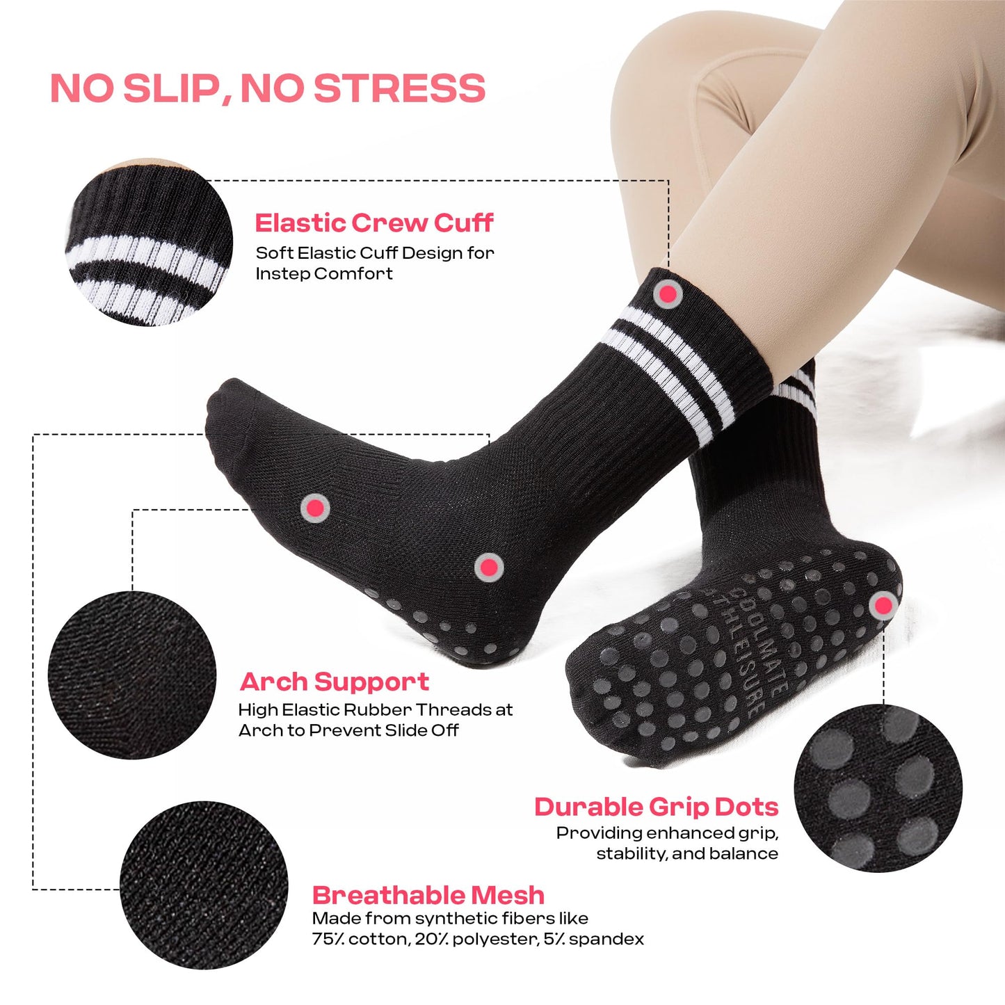 CoolMate Women’s Non-Slip Pilates Yoga Socks