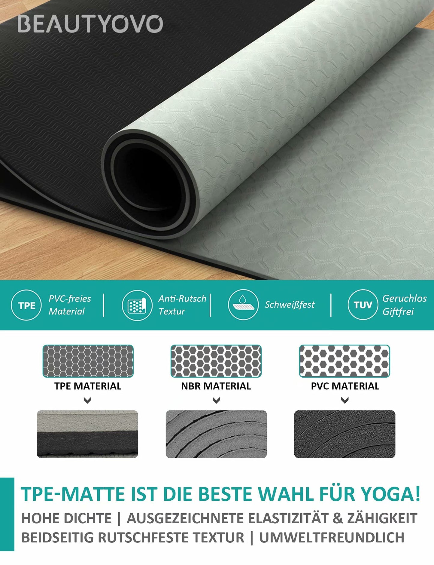 BEAUTYOVO 1/3" Thick Non-Slip Yoga Mat with Strap