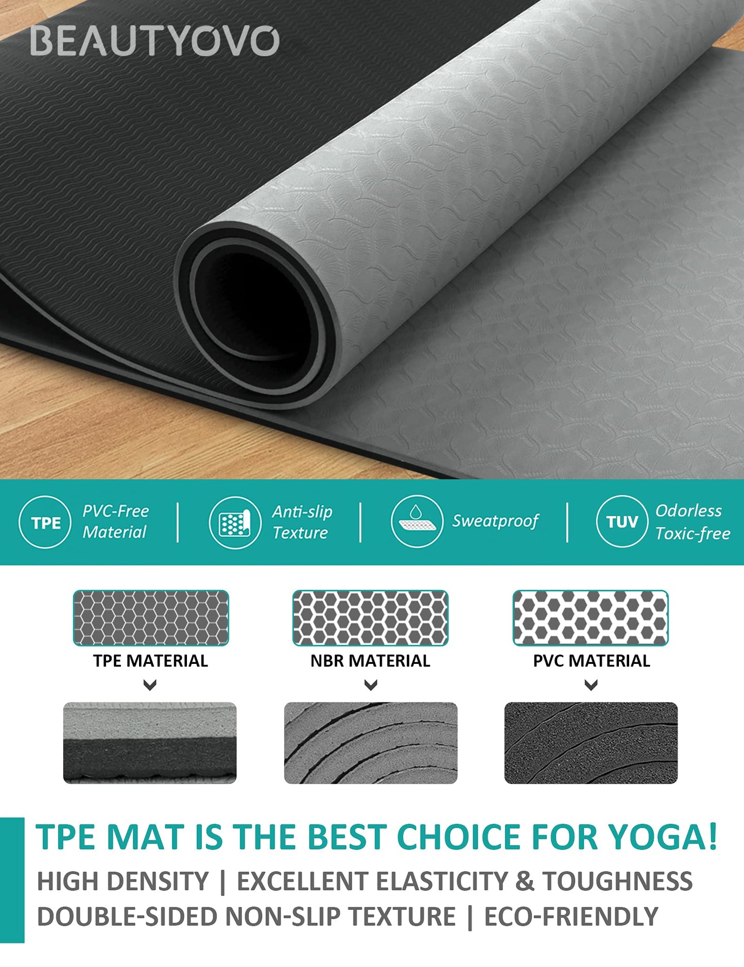 BEAUTYOVO 1/3" Thick Non-Slip Yoga Mat with Strap