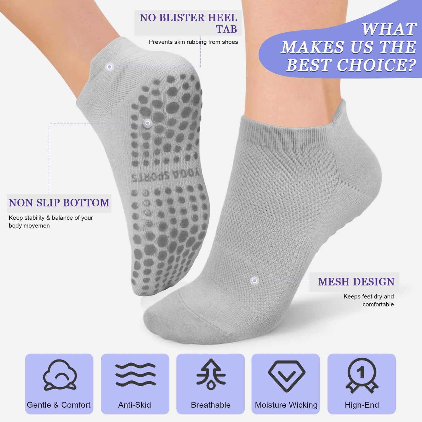 YeuG Non-Slip Pilates Socks for Women (4/6 Pairs)