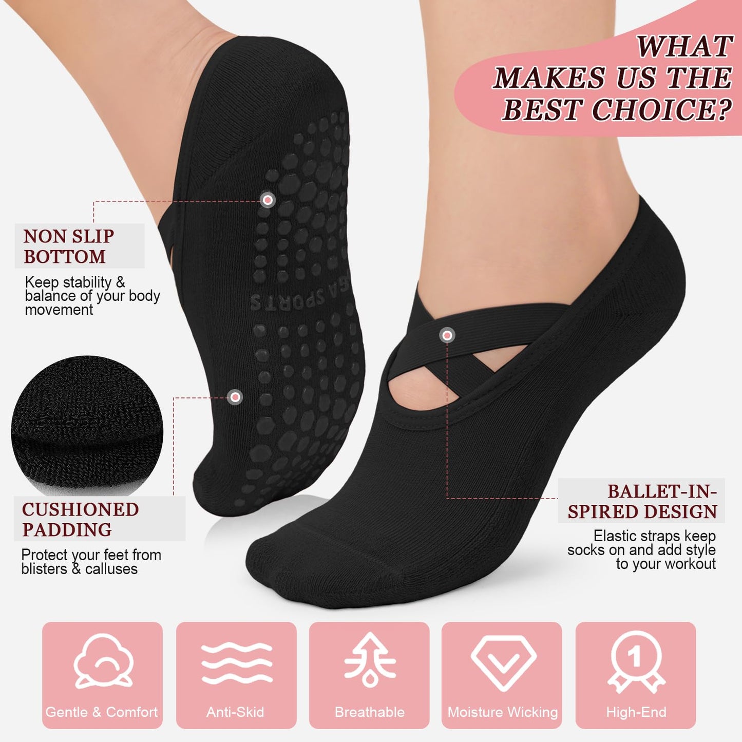 YeuG Non-Slip Pilates Socks for Women (4/6 Pairs)