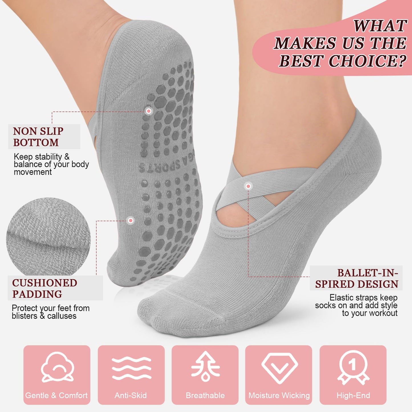 YeuG Non-Slip Pilates Socks for Women (4/6 Pairs)