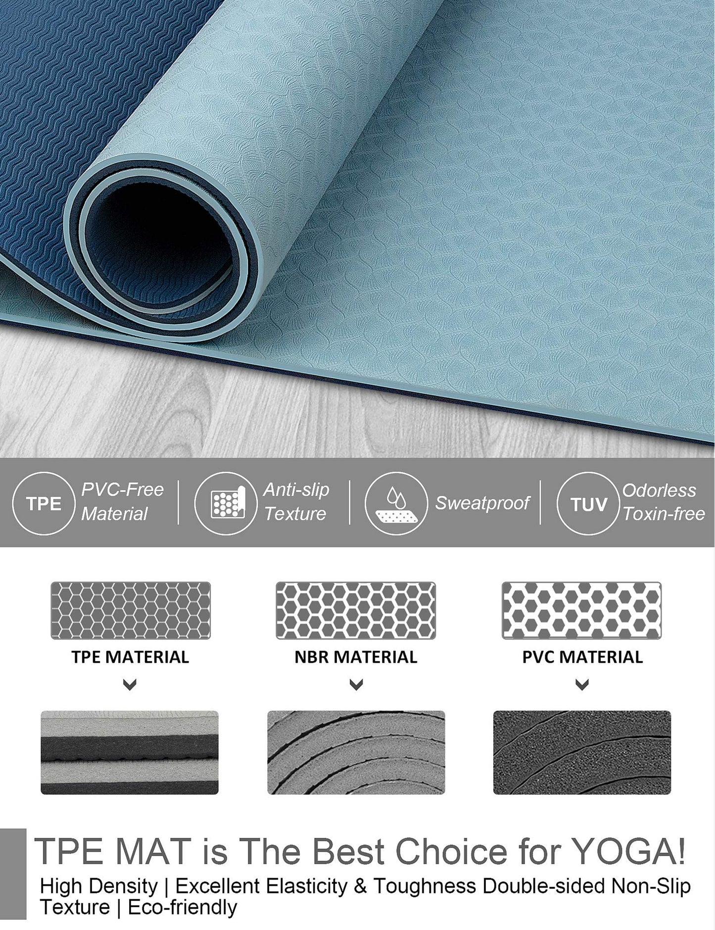 BEAUTYOVO 1/3" Thick Non-Slip Yoga Mat with Strap
